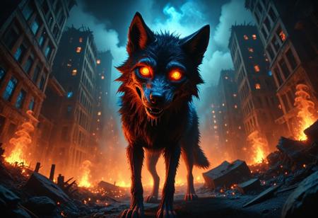 a dark scene, in the foreground a smoke like wolf, glowing in orange red color, dim, blue detailed eyes, glowing smoke, in a dark apocalyptic city, broken walls on tall buildings, rusty, dry, ultra detailed, dimm unreal dark night, mix of black nightmares and dark fantasy. enpowering the contrast of the low angle shot,.
Shot with a full-frame DSLR, 85mm lens at f/1.8 for shallow depth of field, ISO 400, 1/100 shutter speed. Natural light enhanced with slight post-processing contrast boost and neutral tone grading. balancing organic horror with macabre fantasy, sfw
