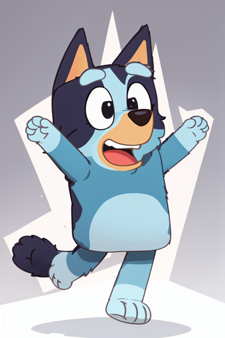 Bluey Style, solo, looking at viewer, smile, open mouth, simple background, 1boy, animal ears, standing, tail, full body, male focus, black eyes, arms up, blue background, happy, outstretched arms, furry, furry male, body fur, animal nose, two-tone fur, blue fur<lora:Bluey:0.5>