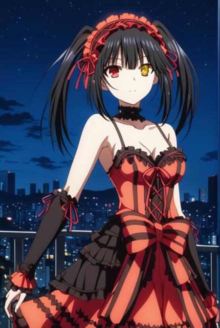 kurumi tokisaki astral dress, long hair, black hair, red eyes, twintails, yellow eyes, hairband, heterochromia, dress, red dress, bare shoulders, collarbone, choker, bowtie, red bowtie, detached sleeves, corset, frills, kurumi tokisaki school uniform, long hair, skirt, black hair, red eyes, long sleeves, ribbon, school uniform, jacket, pleated skirt, bag, hair over one eye, blue skirt, blazer, school bag, black blazer, kurumi tokisaki casual, long hair, black hair, red eyes, long sleeves, dress, pantyhose, hair over one eye, black dress, black pantyhose, puffy sleeves, choker, collarbone, skirt, black skirt, flowers, hair flowers, purple flowers, twintails, low twintails,