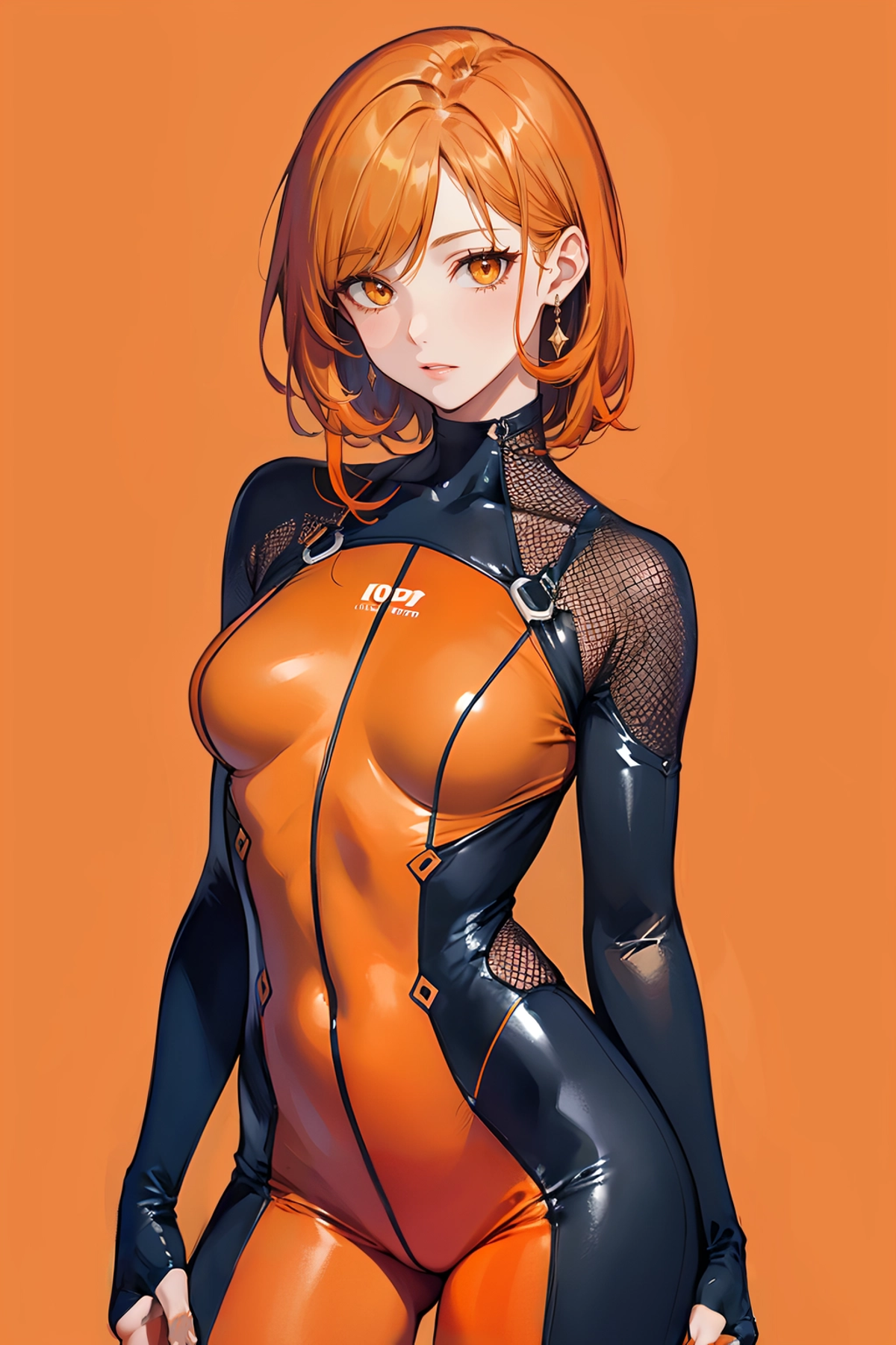 A woman wearing a black and orange bodysuit poses for the camera.