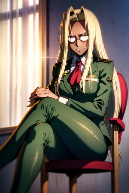 <lora:alucardserasintegra:0.6>, (integraHellsing:1.5), masterpiece, best quality, absurdres, 1girl, looking at viewer, sitting, indoors, chair, serious, military outfit, (dark green suit:1.2), pants, crossed arms, crossed legs