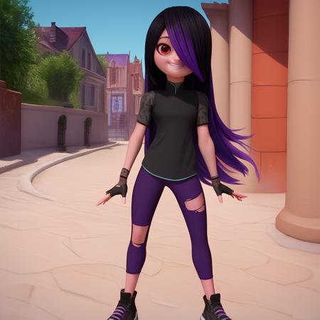 Juleka 1girl solo black hair purple hair black shirt leggings black sneakers  hair over one eye red eyes