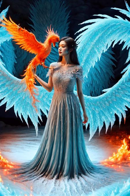 A girl wearing a long dress danced and performed a prayer ritual in front of the Ice God's palace,a giant ice phoenix lurked in the sky,(Phoenix of Sora:1.2),<lora:PhoenixSora:0.6>,
very long hair,sword,wide_shot,<lora:add_detail:0.6>,a rocky cliff,
mythology,fantasy,drama,dreams,detail,(flower:1.2),(ice:1.2),<lora:GPTS4 dreamwave full_478773:0.5>,<lora:GoodHands-beta2:0.9>,<lora:irene_v70:0.6>,<lora:LiquidClothesV1fixed:0.7>,