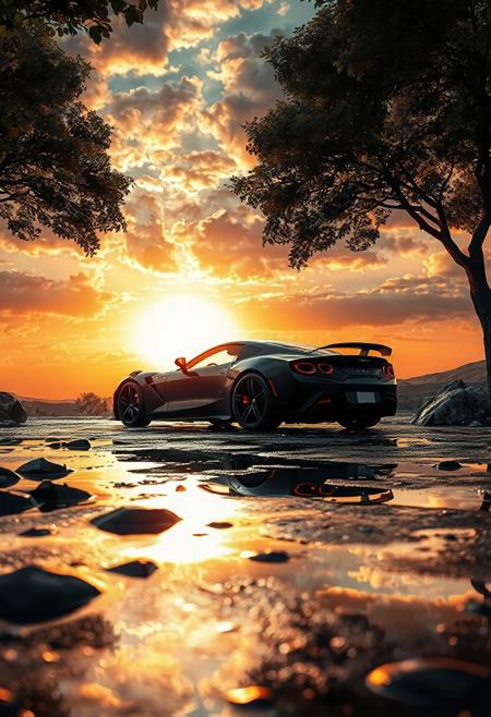 An atmospheric rendering of a black sports car parked on wet ground with rocks and puddles, set against a stunning sunset sky. The sun is low and bright, its rays extending through a sky filled with dramatic, textured clouds painted in hues of orange, yellow, and grey. Trees with detailed leaves frame the view, their shapes adding to the natural setting. The wet surface of the ground creates numerous reflections, mirroring the vibrant colors of the sky, the sun's light, and the sharp lines of the sports car. These reflections add a layer of visual interest and enhance the sense of depth and realism. The image is created with high detail and realistic lighting, capturing the beauty of the golden hour and the dynamic interaction between the modern vehicle and the rugged, natural environment.