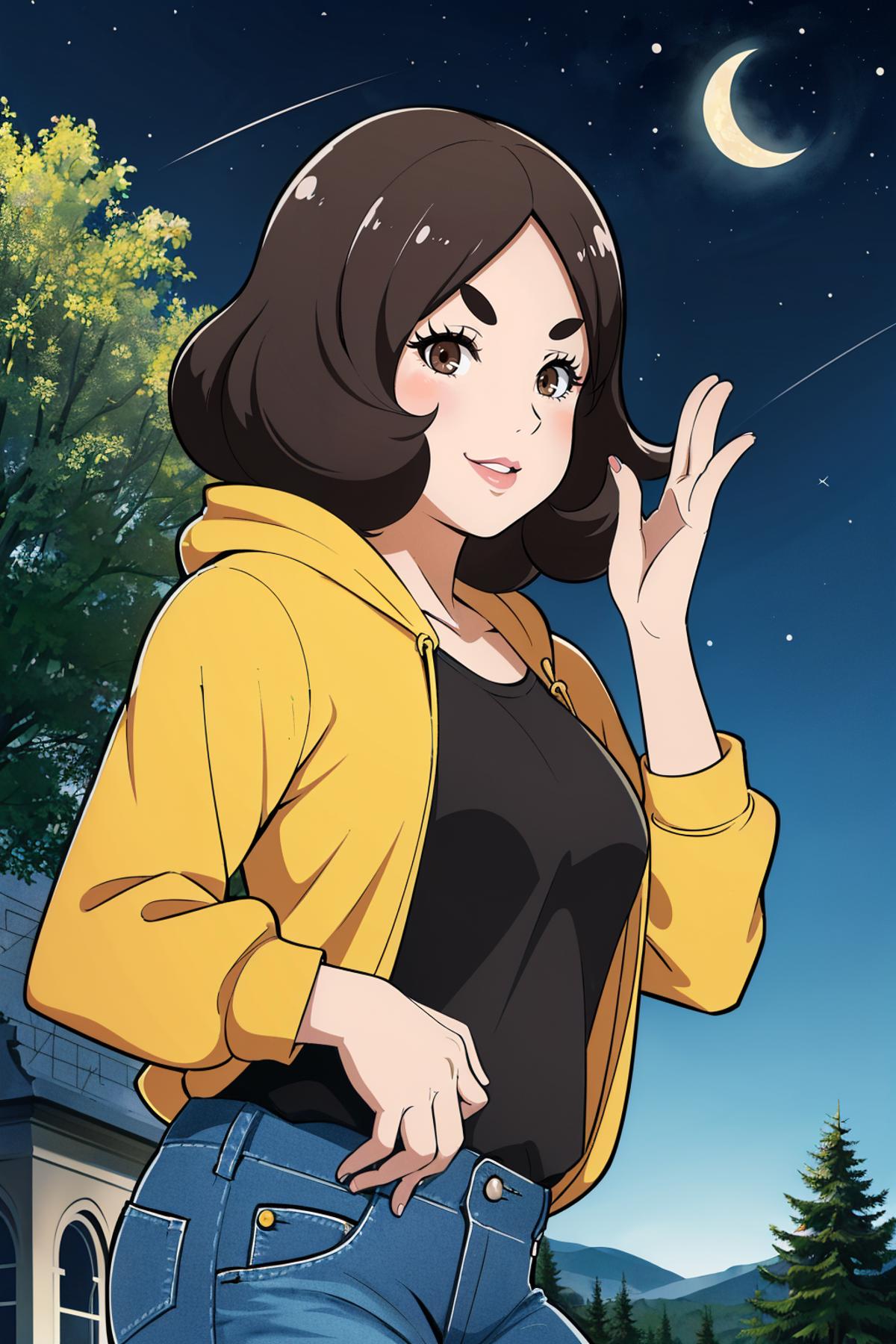 A Cartoon Woman with Brown Hair, Yellow Jacket, and a Black Shirt Posing with Her Hand Up.