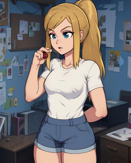 Sam,blonde hair,blue eyes,ponytail,
white shirt,shorts,
standing,upper body,
home,room,games,
(insanely detailed, beautiful detailed face, masterpiece, best quality) cinematic lighting,<lora:Sam:0.8>,