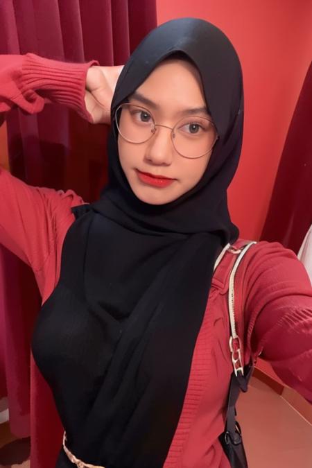 masterpiece, best quality, 1girl, solo, standing, adasweater, red sweater, sweater dress, turtleneck, harness, pantyhose, black eyes, looking at viewer, arms behind head, large breasts, parted lips, red lips, lipstick, holster, belt, mature female, (black hijab:1), POV Facing Camera, simple background, black background, glasses   <lora:adawong-re-richy-v1:1> <lora:RinMoka_-_Youtuber:0.85>