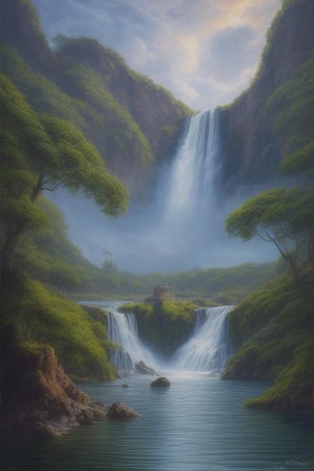 Ghiblistyle fantasy oil painting of a lush alien world, there is a large island floating in the sky.  There is a majestic waterfall coming from the floating island