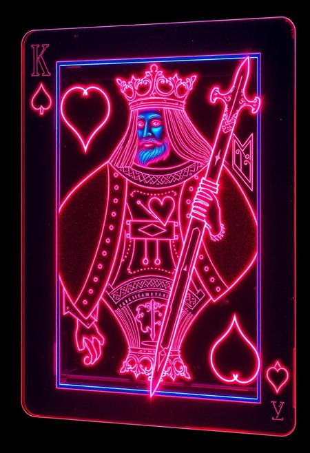 Crea una imagen de la carta del Rey de corazones de la baraja americana transformada en un impresionante holograma 3D. El Rey cobra vida, emergiendo de la carta como si atravesara el espacio, flotando directamente frente a ti. Los detalles de su corona, espada y capa brillan con luces de neon, generando un efecto futurista que difumina la frontera entre lo virtual y lo real. La carta deja de ser un simple objeto, convirtiendose en una experiencia interactiva inmersiva que te transporta a un mundo donde la fantasia y la tecnologia se fusionan. Este holograma es perfecto para entornos donde la creatividad y la innovacion no tienen limites, en una atmosfera futurista, disenado para sorprender y cautivar a quienes lo presencian.