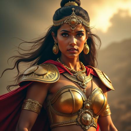 text in top spelling out the words "Tamizhagam",(Indian girl as the warrior Goddess),golden armour, tiger flag,sexy, majestic cloak, chest armor, beautiful detailed eyes, eyes symmetry, face symmetry, extremely detailed skin texture, fierce expression, strong posture, holding a battle axe, dramatic lighting, stormy sky, warrior queen demeanor, determined, strong colors, high contrast, HDR, hyper realistic, movie poster style