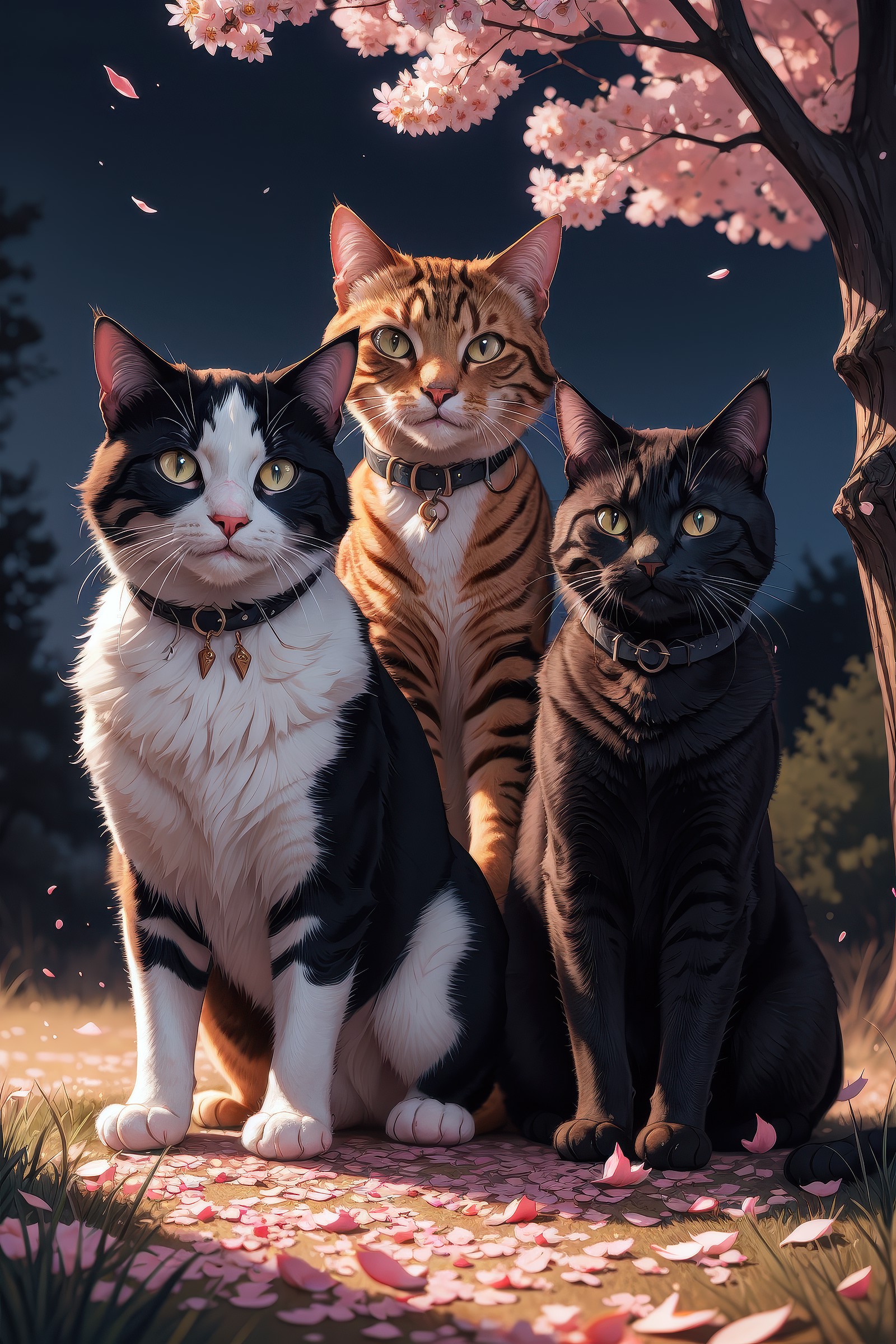 multiple cats behind a beautiful tree full of falling petals, night setting. realistic shaded lighting poster by ilya kuvs...