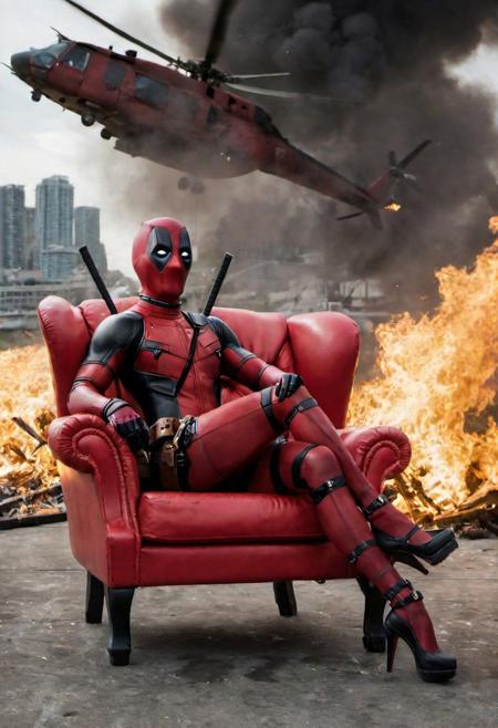 hyperrealistic art (((busty girl deadpool sit on red chair in front of burning helicopter, chaos))), ((reflections, exploding buildings, storm, wet)), slim body, (huge breasts), (breasts bursting out of costume), (full mask, full costume with cleavage cut away), extremely high-resolution details, photographic, realism pushed to extreme, fine texture, incredibly lifelike, huge tits