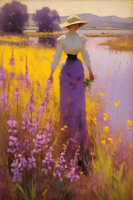 <lora:William Langson Lathrop Style:1>William Langson Lathrop Style - 101572.William Langson Lathrop.A woman walking through wildflowers in the RSPB Loch Leven Nature Reserve is the focus of this captivating painting. The composition captures her serene journey through a lakeside meadow filled with wildflowers such as purple loosestrife, yellow flag iris, and water avens, creating a vibrant mix of purples, yellows, and deep reds. The scene is framed by the tranquil waters of Loch Leven, with the surrounding wetlands and distant hills adding depth and a sense of place. The soft, golden light of the setting sun casts a warm, inviting glow on the landscape, evoking the gentle beauty and serenity of Scotland's wildflower-filled nature reserves.