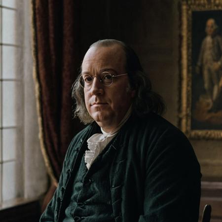 front shot, portrait photo of (( benjamin franklin)) , looks away, natural skin, skin moles, cozy interior, 17th century attire, (cinematic, film grain:1.1)