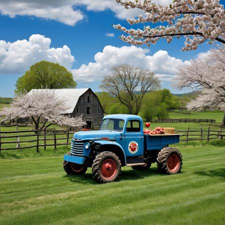 Antique farm and antique house, cows in a fenced field, large vegetable garden, antique 1950 McCormick tractor, 1951 Ford truck, apple and cherry blossoms in the background, blue sky with cumulus clouds, photography very realist