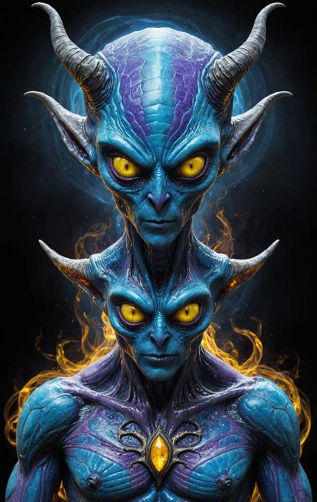 An award-winning digital art piece, redolent of the surrealism and futurism movements, that features a mysterious blue alien with yellow eyes and horns. The alien is the centerpiece of an ethereal vortex, swathed in darkness, with the interplay of shadows and highlights underlining strange patterns and creatures. The color palette majestically weaves blue, purple, and yellow, evoking an otherworldly aura. This art piece is featured in prestigious publications like Wired Magazine, SFX Magazine, Cinefex, and displayed in renowned galleries like The Louvre, Museum of Modern Art, and Tate Modern.