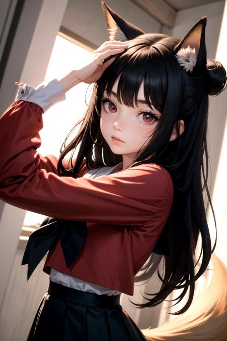 (detailed face and eyes:1.3),
<lora:naenarachan:1>,naenarachan,1girl,solo,red eyes, black hair,single hair bun,(hair stick:1.4),hair pin,long hair,hair ornament,fox ears, fox tail,red tail,korean clothes, red shirt,blue skirt,pleated skirt,  long sleeves,hanbok,white bow,red footwear, serafuku,
Ultra-detail,(highres:1.1),best quality,(masterpiece:1.3),cinematic lighting, Arms above head pose:1.4,| |