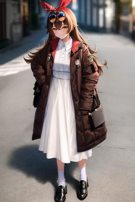 masterpiece, best quality, soft lighting, absurdres, looking at viewer, solo, smile,
amber \(genshin impact\),  brown eyes, brown hair,  red hair ribbon, plaid long coat, loafers, sunglasses, white dress, collar, fashion model, gucci gang, gucci gang, gucci gang, gucci gang,
skindentation, full body, standing, kremlin, depth of field