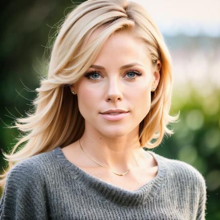 juliebowen an , a elegant woman, on a (plowed field:1.2), wearing a (cowl-neck-sweater), (flowering-landscape), (8k, best quality, depth of field, ultra high res:1.2), (absurdres, intricate, photorealistic, masterpiece, ultra-detailed, Unreal Engine:1.3)