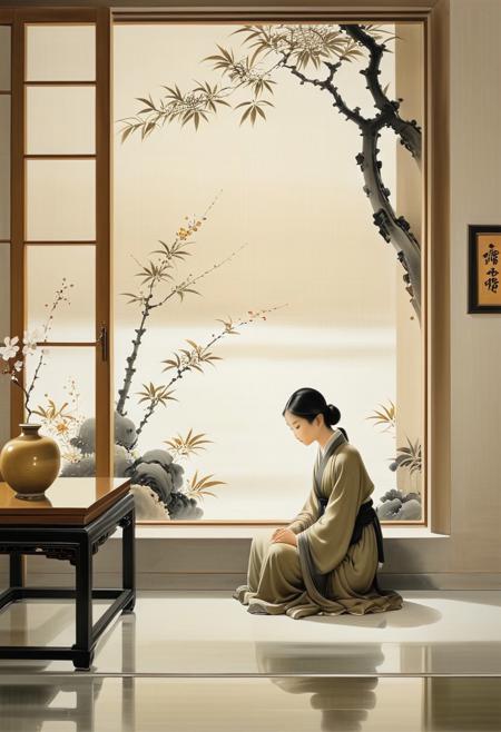 Sinoink,
A serene interior scene bathed in soft, diffused light captures a young girl seated by a window, lost in quiet introspection. The composition is intimate and dreamlike, with muted, earthy tones of beige, olive, and ochre creating a sense of stillness and timelessness. The girl's pose is languid yet deliberate, evoking a subtle tension between innocence and introspection. The furniture, with its classical design, and the sparse, carefully arranged objects in the room, add to the feeling of quiet domesticity. The brushstrokes are smooth and precise, figurative style and his focus on mood and atmosphere.