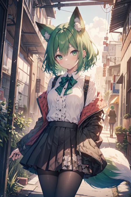 masterpiece, 1girl, fox_ears, (1fox_tail), green_haired, green eyes, highres, best quality, fox_girl, white shirt, jacket, frilly skirt, pantyhose, (random scenery), (HDR, depth of field), (random angle), medium breasts