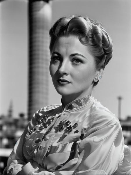 <lyco:Joan Fontaine-v1.0:1> photo of beautiful Joan Fontaine, retrofuturism, city background, film grain, sharp, bokeh, uhd, colorful