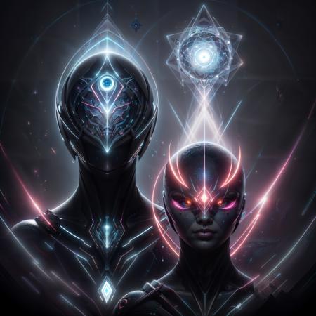 an impossible geometric shape  filled with eyes closed transcending to a higher plane of existence, eternal blessing, multiverse, by Aenami, by Barret Frymire, by HR Giger, by Ohara Koson, by Peter Mohrbacher, inspired by bryce 3 set concept charachter, vector art