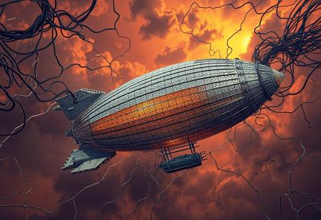 masterpiece, ultra-detailed, dutch angle view of a trippy zeppelin drifting through tangled circuits, metalic-scale patterns glowing , silver colors, dark-orange sky background, misty clouds, electric stormlight