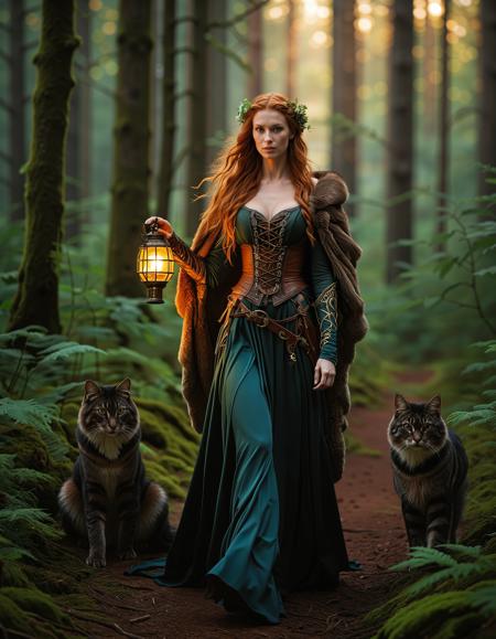 freyja, auburn hair, braided hair, magic, forest, mythic beauty, <lora:NBN-Freyja_NordicByNature:0.8>, ,Baltic Huntress and Falcon, A nbn-freyja holding a majestic cat on her gloved arm, preparing for the hunt in the dense Baltic woods.,low light, soft natural light, Rembrandt style light, Hasselblad DLSR camera, 200mm Zeiss lens, f/2.8 clear focus, high resolution image, ,Sexy pose, erotic pose, exhibitionism, ,ghostly carnival on a spectral beach with ethereal rides