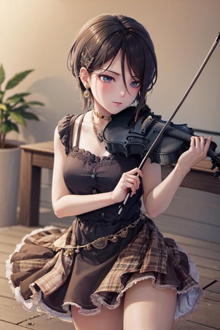 (masterpiece, best quality:1.2), <lora:bangdream_yashio-10:0.9>, solo, 1girl, yashio rui, expressionless, holding instrument, playing instrument, violin, bow \(music\), black dress, jewelry, earrings