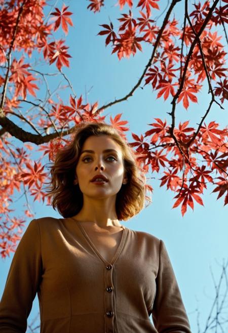 perspective Low-angle shot from very below of an elegant woman, cute, 22 y.o, standing under a tree in autumn, with red leaves gently falling around her.  the camera points directly upward at a 90° angle, capturing the blue sky through the branches. Soft natural lighting, realistic details, slightly blurred background (bokeh), 8k uhd, high detailled body, high detailled eyes, masterpiece, realistic, realism, hyper-real, hyper-realism, soft light, kodak film, cinematic, futuristic in 100 yeard.