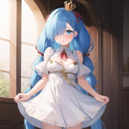 (masterpiece, best quality:1.2),illustration,8k,hd,1girl,solo,cowboy shot,janus (azur lane),blue eyes,blue flower,blue hair,blue rose,blush,braid,frilled dress,frills,hair ornament,hair over one eye,hair ribbon,light blue hair,long hair,medium breasts,mini crown,red ribbon,twin braids,white dress,white legwear,white ribbon,<lora:Janus(azur)>,