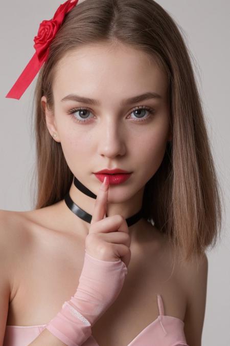 stunning woman, extremely beautiful, 20 years old, petite, delicate face, extremely detailed, photorealistic, hires, blush, rouge, lipstick, cute nose, ribbon, choker, mole, porcelain skin, elegant dress, night club, elbow gloves, ankle bracelet, close up