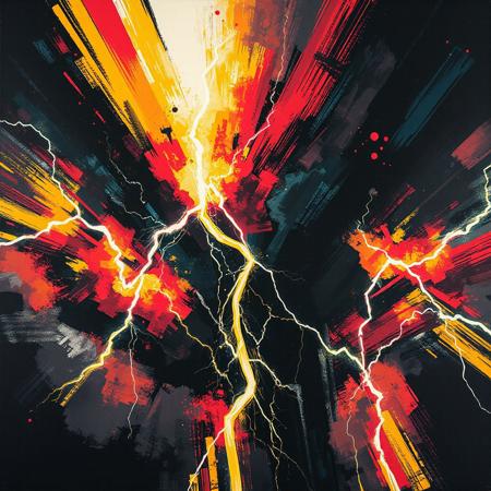 Explosive neon brushstrokes crash like lightning against a backdrop of deep matte shadow — a fierce storm of energy and defiance contained within a single frame. Abstract power rendered in the styles of Basquiat, Leonid Afremov, and Lois van Baarle.