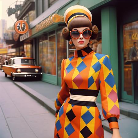 A vintage-style color photograph of a young woman in retro 1960s fashion. She wears a mod-inspired dress with bold geometric patterns and accessorizes with oversized sunglasses and a headscarf. Her hair is styled in a bouffant or beehive. The setting is a vibrant city street with vintage cars and storefronts, evoking the nostalgic atmosphere of the era. The photo captures the spirit of youthful energy and fashion-forward style.
 <lora:RetroStyleV1:0.7> 60Retro69Punch75