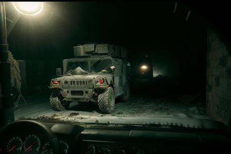 analog gloomy photo of a HUMVEE car,  <lora:humv33:1.0>, driving through a decayed city (at night), ((church ruins)), dilapidated buildings, ((blood and corpses on the snow)), ((winter)), ((snow)), (horror movie), ((nighttime)),  ((green fumes:1.3)), High Detail, Sharp focus, (photorealism), realistic, best quality, 8k, award winning, dramatic lighting, epic, cinematic, masterpiece, rim light, ambient fog:1.2,