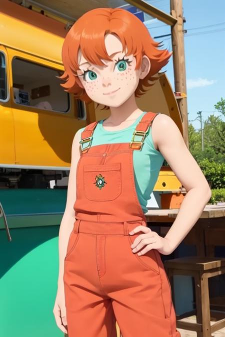 1girl, sxfrances, short hair, orange hair, green eyes, freckles, red overalls, blue_shirt, smile, solo, looking at viewer <lora:frances-v2:0.6>