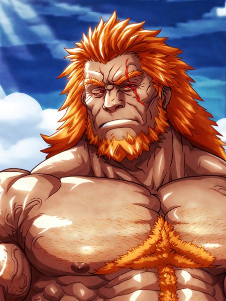 surtr,solo,male focus,muscular,muscular male,pectorals,veins,nipples,(full body),white skin,red eyes,walking on the beach,orange hair,long hair,long beard,beard,chest hair,<lora:surtr-000003:0.8>,Best quality,masterpiece,4k,8k,highly detailed,detailed face,realistic proportions,sharp focus,<lora:add_detail:0.8>,