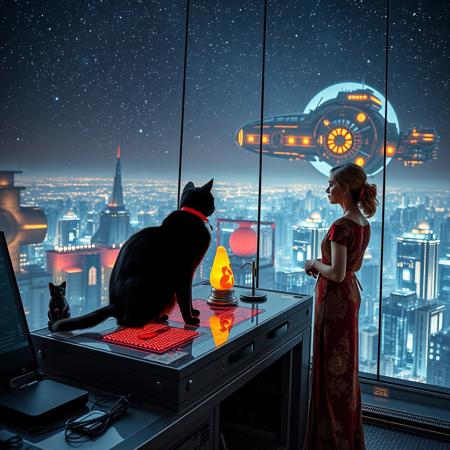 A sleek black cat with red collar sits on a cluttered metal riveted desk with transparent top and micro-LED lighted computer components visible inside, On the desk are a maneki neko statue and a lava lamp, the Black Cat is looking out of a seamless and futuristic floor to ceiling window that looks out at the lights of enormous buildings and cities far below, (((a beautiful woman, 24 years old, is standing next to the desk the cat is sitting on and looking longingly out the window, the woman is dressed in an ornate elegant Chinese style dress. An enormous deco-cyberpunk starship with futuristic lighting and an enormous space station are visible in the background among the stars, The woman's hair is elegantly tied up with a ribbon. Artistic cyberpunk, dynamic perspective, (((overall architectural aesthetic is Art Deco Cyberpunk))).  Epic image that elicits a feeling of wonder and awe, part of the interior is visible,