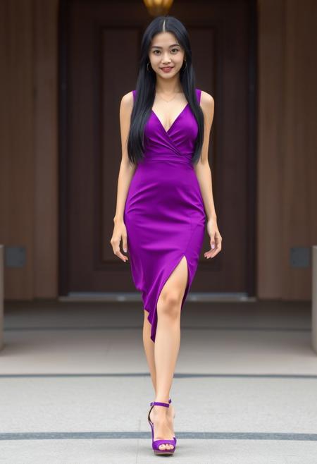 A 19-year-old Taiwanese woman with long straight black hair, wearing a purple deep V-neck sleeveless dress and purple high-heeled open-toed sandals.
FHD, Rich in details, masterpiece.