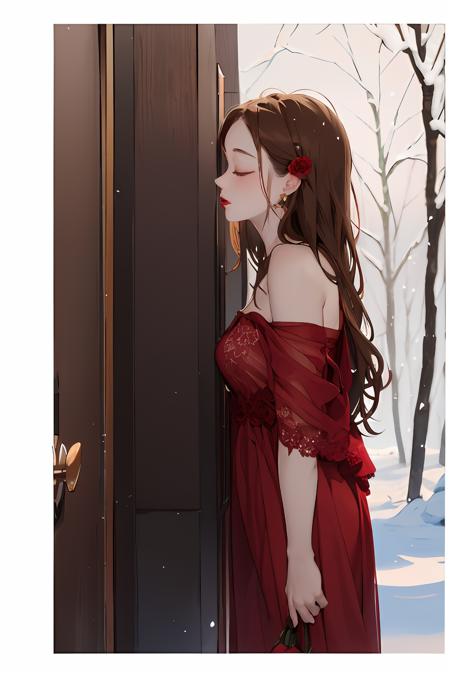 masterpiece,1girl,solo,long hair,brown hair,bare shoulders,jewelry,closed eyes,flower,earrings,from side,profile,makeup,rose,arms behind back,red dress,lipstick,strapless dress,red rose,door,holding flower,<lora:lbc_hongse_TM:0.8>,(detailed beautiful snow forest with trees),(snowflakes),floating,