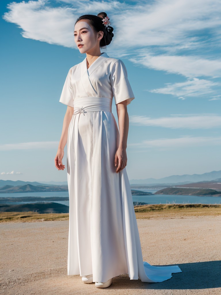 00066-3371367303-cyberrealistic_v40-__lora_rnk-29_1__rnk,japanese_Kepatsu_hair,_white_painted_face,wearing_japanese_dress,_full_body,masterpiece,blue_sky,8k,uhd,sof.jpg