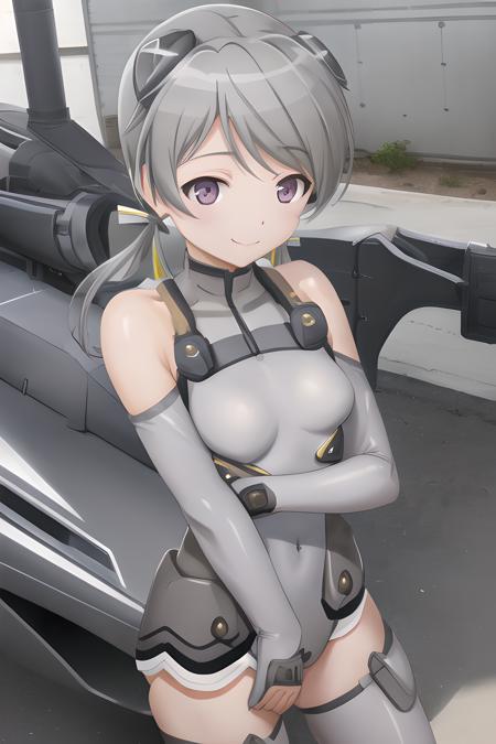 <lora:karen_sonomiya-10:.8> karen sonomiya, grey hair, long hair, low twintails, hair ribbon, bare shoulders, pilot suit, solo, elbow gloves, grey leotard, halterneck, grey thighhighs, grey headgear, small breasts, purple eyes, smile, outdoors