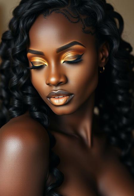 A striking African woman with deep, ebony skin, adorned with very long wavy hair. Her makeup is professionally applied, featuring a flawless complexion, a golden smokey eye, a golden eyeliner and a golden glossy lip color. She is depicted in artistic nudity, showcasing her cleavage in a sensual and assertive manner.