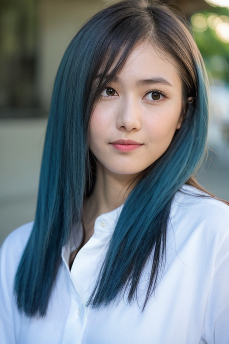 1girl, solo, medium hair, blue hair, slim body, slender, looking at viewer, upper body, high detail face, high detail eyes, high detail nose, high detail mouth, high detail lips, high detail eyebrows, (emotionless:1.37), weird face, white shirt, 8k uhd, soft lighting, high quality, ((film grain))