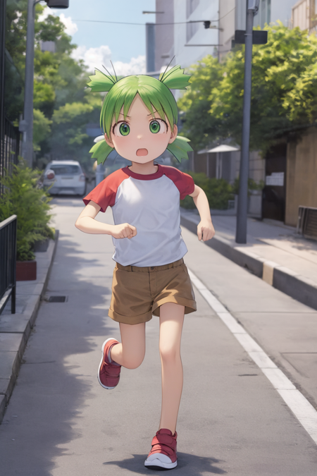 masterpiece, best quality, 1girl, yotsuba, green eyes, green hair,  quad tails, raglan sleeves, brown shorts, running, day,  lamppost, outdoors, power lines, sky <lora:YotsubaKoiwai:1>