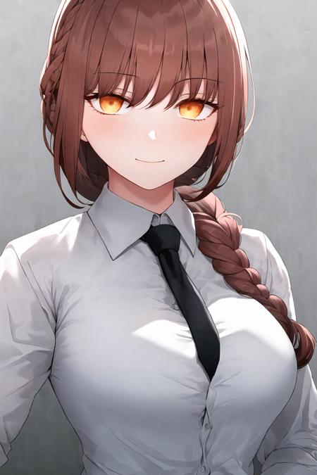 <lora:BGinga_LoRA:0.9>, 1girl,  (corneo_makima:0.8), (single braid), (white collared shirt),black necktie, buttons, light smile,, (masterpiece:1.0), (best quality:1.0), (8k wallpaper:1.0), extremely delicate and beautiful, (beautiful detailed face:1.0), (detailed deep eyes),  symmetrical breasts, deep eyes,