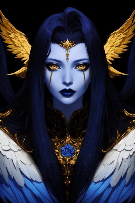 <lora:Endsinger_FFXIV:0.7> Endsinger, (masterpiece, best quality, ultra-detailed, highres), perfect face, sidelighting, lustrous skin,(bloom), (shine), lighting, ray tracing, sci-fi,1girl, solo, colored skin, yellow eyes, black hair, head wings, blue skin, long hair, looking at viewer, black lips, wings, blue lips, feathered wings, depth_of_field,very detailed background, highly detailed background, Masterpiece, Ultra detailed, great composition,Dynamic angle,extremely delicate and beautiful,(Highest picture quality), (Master's work),   depth of field, solo, extreme light and shadow, masterpiece, rich in detail, (fine features), (highest quality), (masterpiece), (detailed eyes), (beautiful) detailed,beautiful detailed eyes,(straight-on), upper body, cyberpunk:1, flower petals falling, (extremely detailed CG unity 8k wallpaper),(masterpiece), (best quality), (ultra-detailed), (best illustration),(best shadow),perfect lighting , perfect anatomy , vivid colors,  (masterpiece),