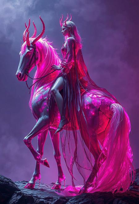 toxic skin art style, Laevateinn with neon lava-magenta galaxy black and white color palette Skin archaea/woman, Bioluminescence translucent background, full view, hyper realistic, masterpiece, 32k, detailed, full body view, female ,Big legs, wide hips, a the woman wearing shattered glass like robe, woman is riding a Laevateinn with pearl-white magenta galaxy black and white color palette Skin,