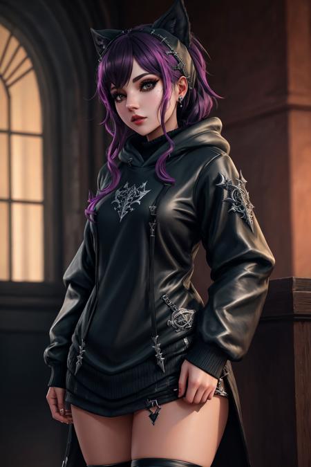 Masterpiece, absurdres,8k, extremely detailed, amazing, fine detail,correct anatomy,
([hoodie|DRK_GLAM|GothGal]::0.75),closeup,
DRK_GLAM,,a woman wearing a GothGal_hoodie,
 <lora:DarkHoodies:0.75>